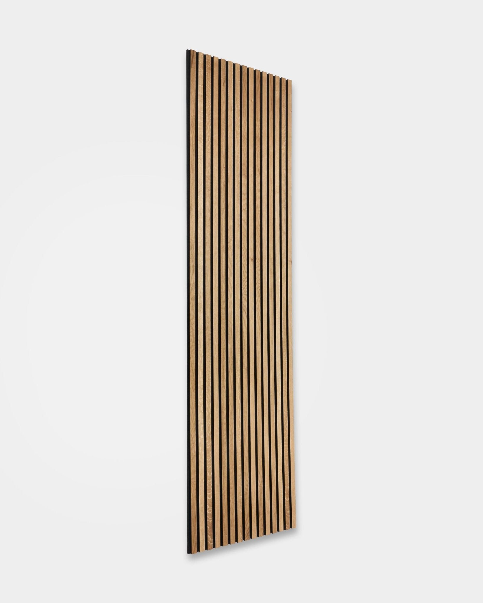 WoodUpp Rustic Akupanel in Brown Oak (300x60 cm) acoustic panel with vertical natural wood slats in a Scandinavian, Nordic-inspired design.
