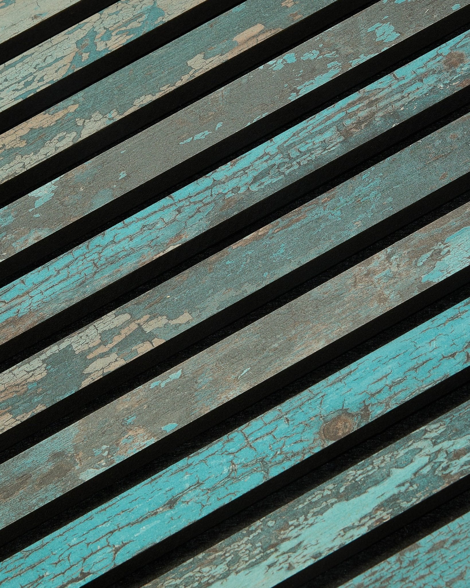 WoodUpp Akupanel Rebel in Oxide Blue, 240x60 cm acoustic wood panel with weathered texture and slatted Nordic design.