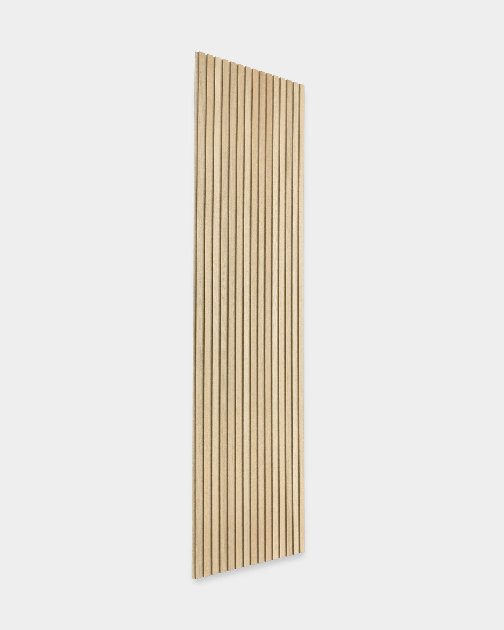 WoodUpp Akupanel acoustic panel, 240x60cm, natural wood with beige felt backing and vertical slats, designed for Nordic-style modern interiors.