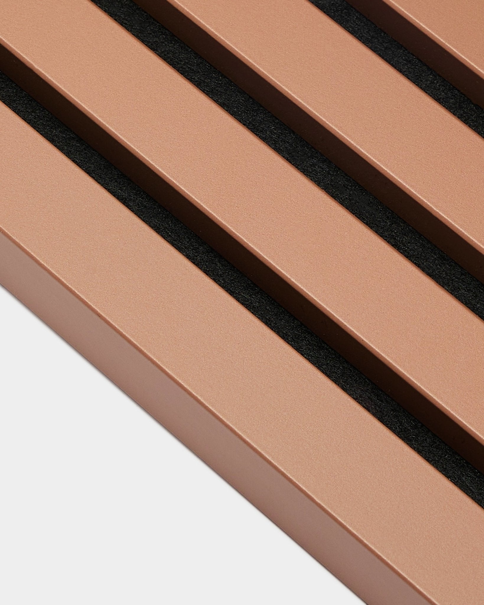 WoodUpp Akupanel End Lamella in Clay, 2.2 cm thick, with bronze metal slats and black gaps, designed for acoustic panel or Akupanel wall installation.