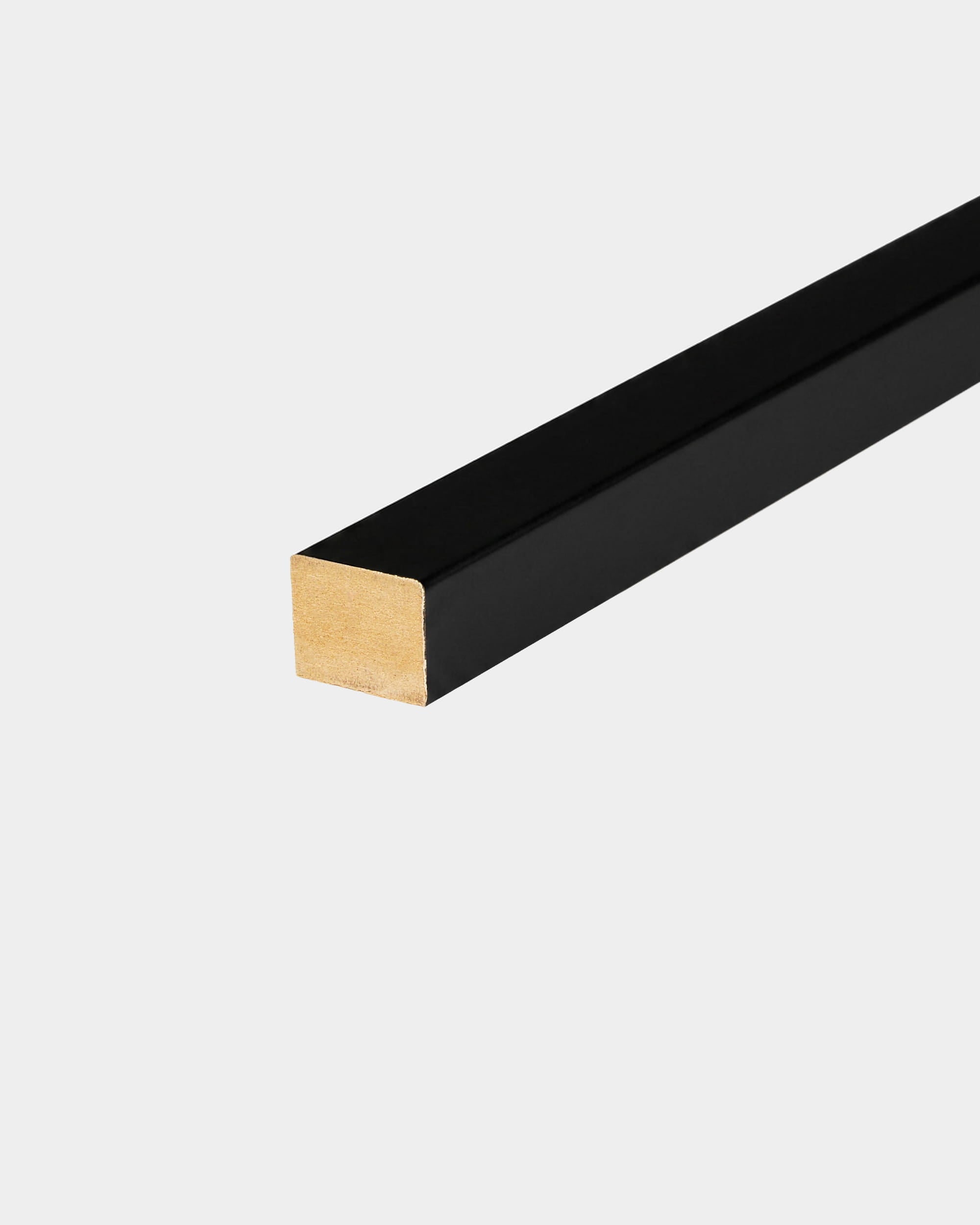 WoodUpp End Lamella in black wrap, 240 x 2.2 cm, with gold-colored end for Akupanel installation, displayed on a white background.