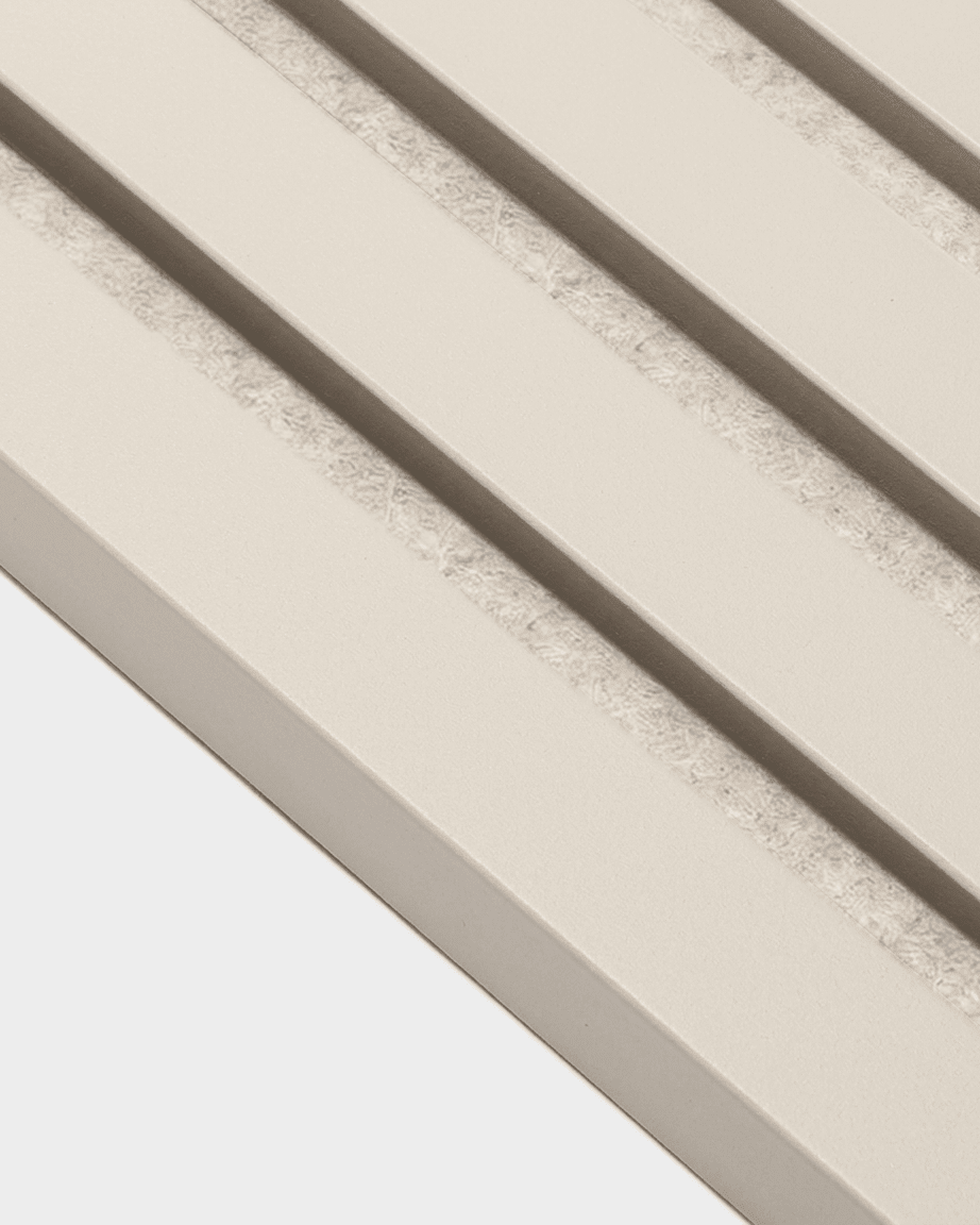 WoodUpp End Lamella in Soft Linen, a Nordic-style MDF acoustic panel, features three parallel textured lines, sized 240 x 2.2 cm for wall installation.