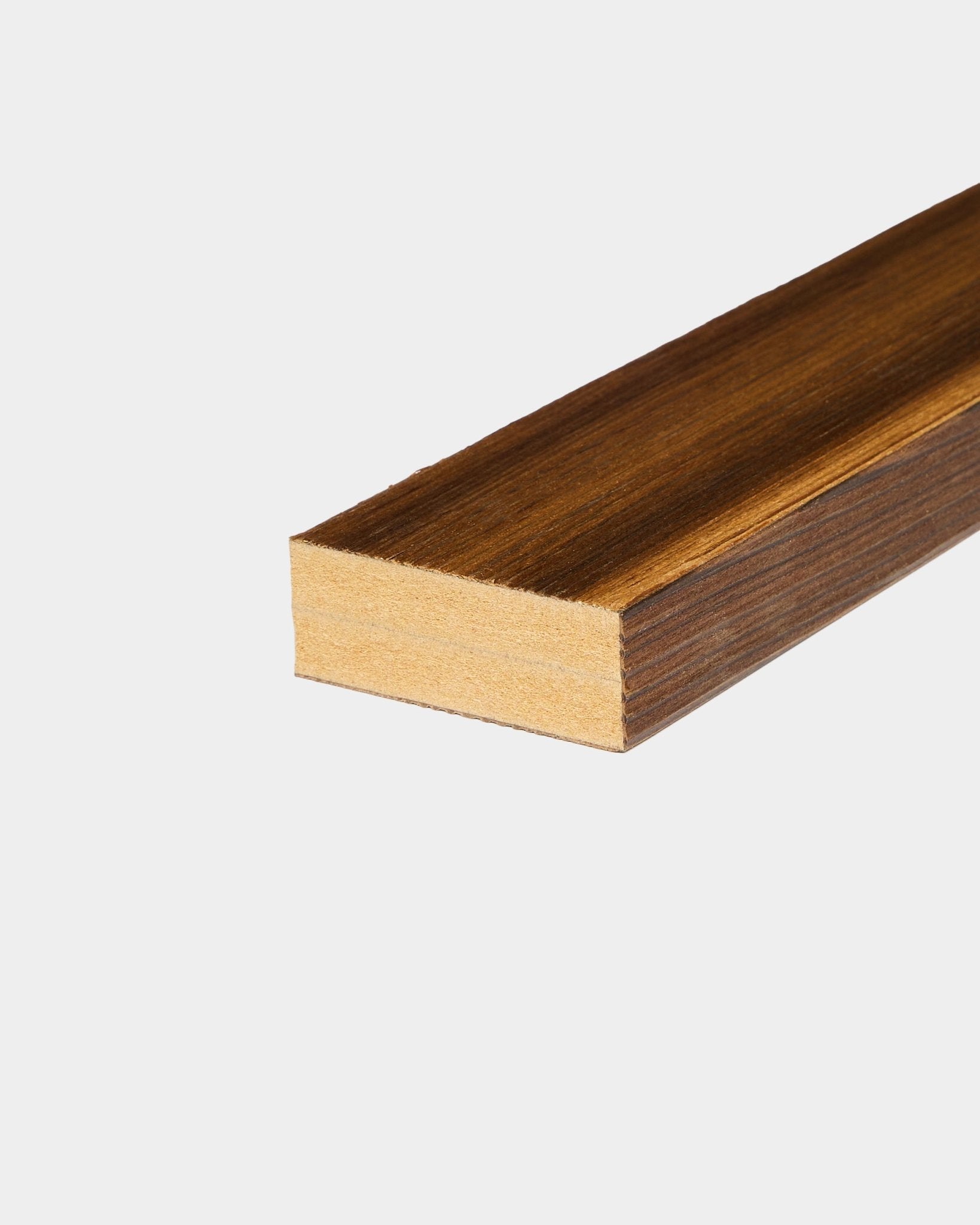 WoodUpp End lamella in Rustic Smoked Larch (6.7 cm), designed for MDF frame integration or wall edge finishing, shown against a plain white background.