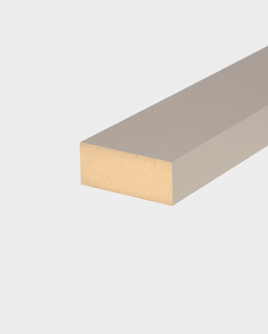 WoodUpp dark cashmere End Lamella (240 x 6.7 cm) displayed on a light gray background, highlighting its smooth, colored MDF-like acoustic panel surface.