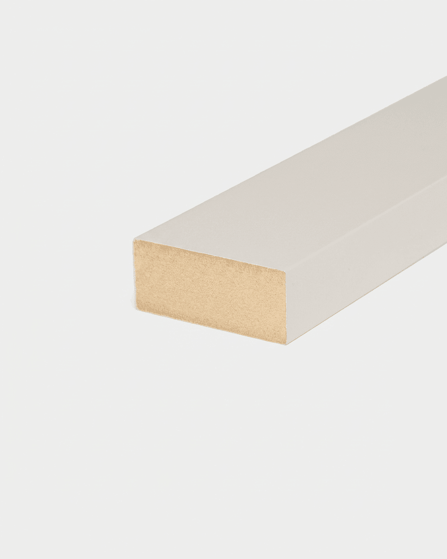 Close-up of WoodUpp CREATE End lamella in Soft Linen, 240 x 6.7 cm, showing one unfinished end on a white background.