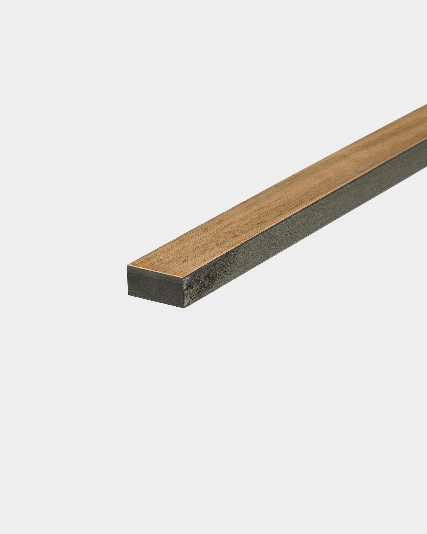 WoodUpp Lamella Walnut 240 cm, a smooth rectangular walnut slat designed for edge trimming or Akupanel slat replacement, displayed on a white background.