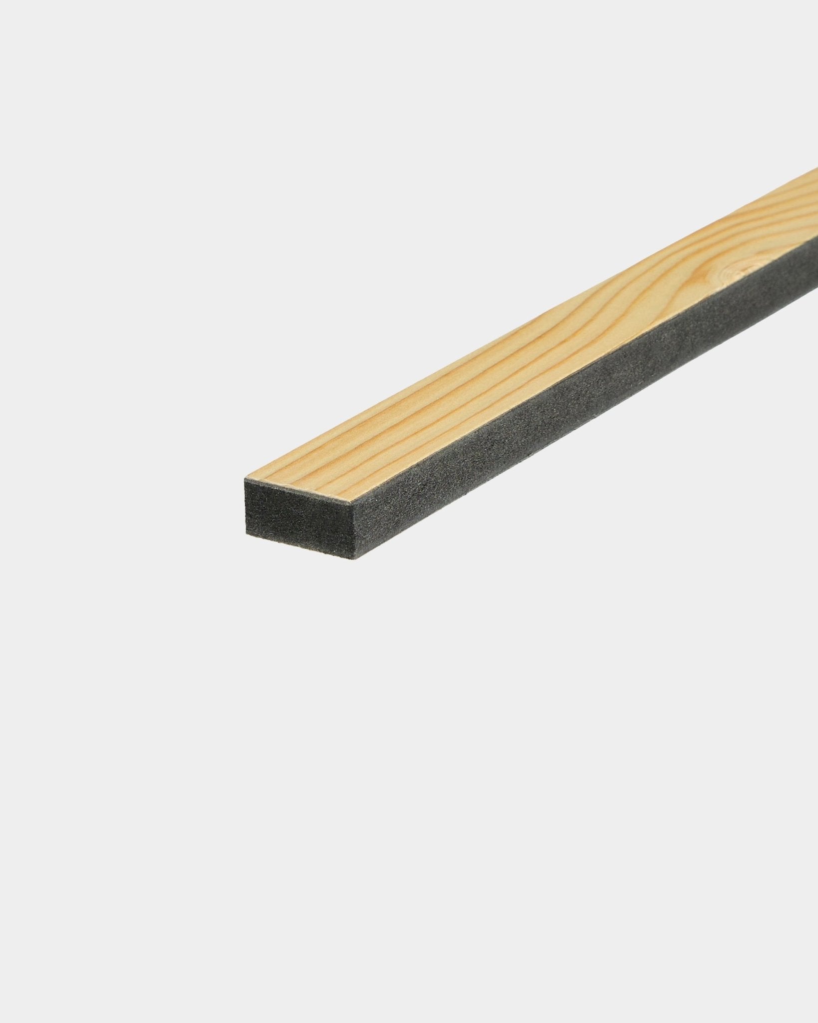 WoodUpp Lamella / Alp, 240 cm—thin wooden slat with dark acoustic foam backing, designed for Akupanel trim or slat replacement in Nordic-style panels.