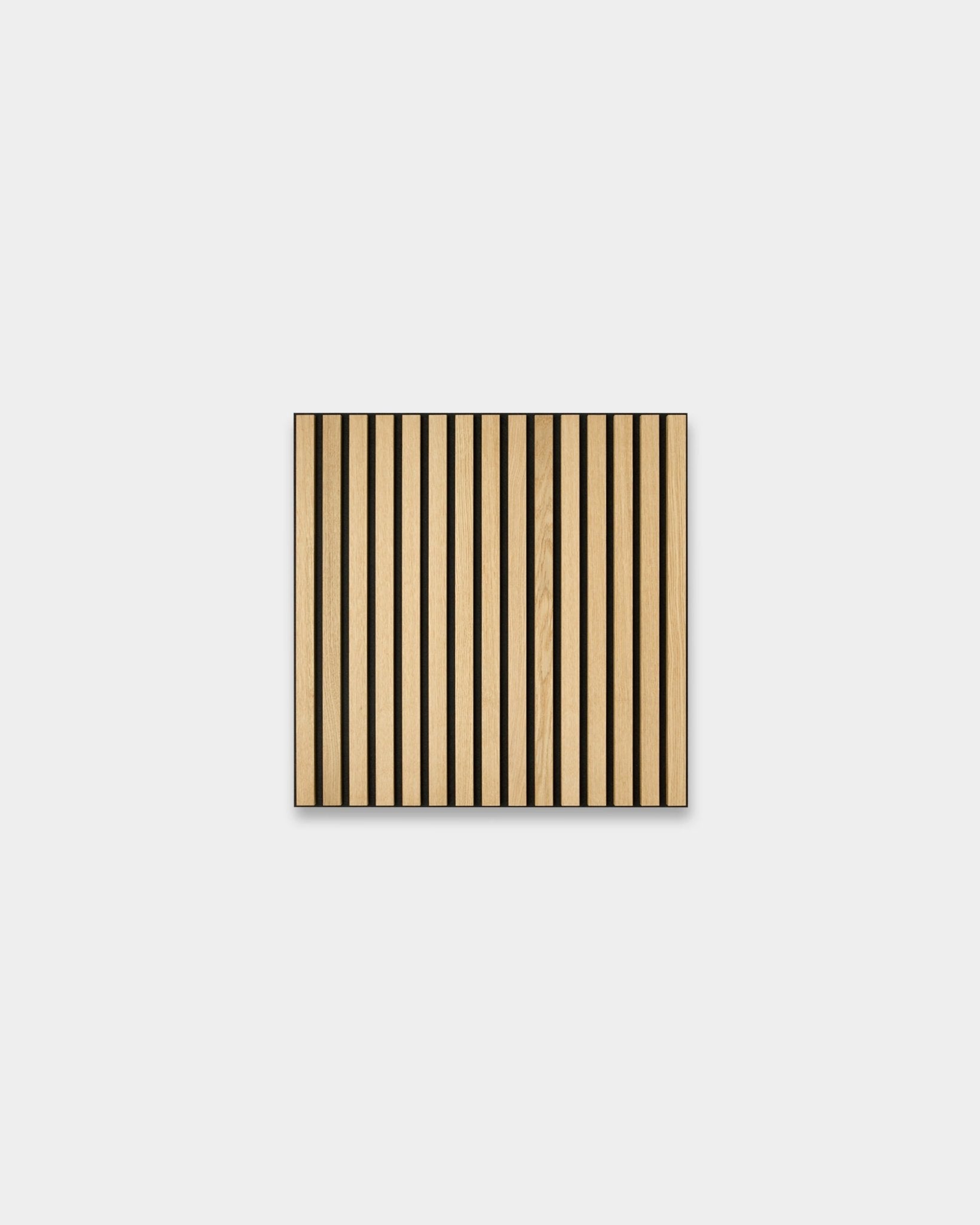 WoodUpp Akupixel Classic Oak acoustic panel, 60x60cm, with vertical light oak wood slats and black felt stripes on a light gray background.