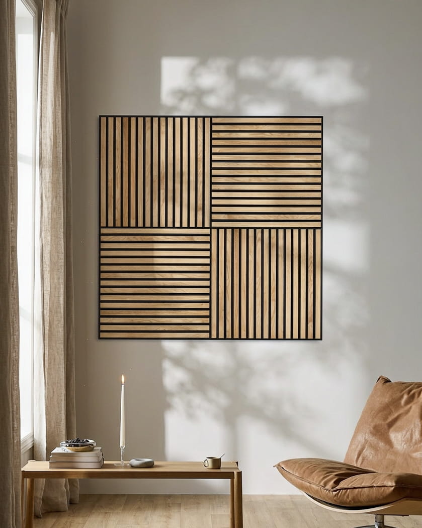 Modern living room featuring a leather chair, lit candle, and WoodUpp Akupixel Acoustic Panel in Rustic Natural Oak casting geometric shadows on the wall.