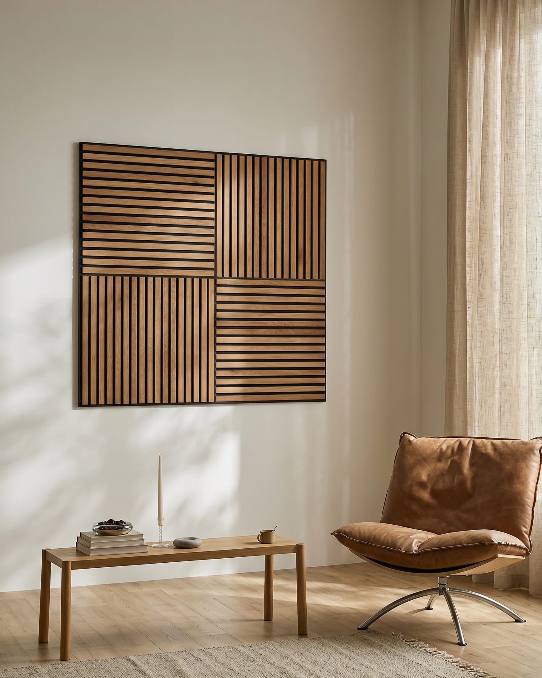 Minimalist living room featuring a brown lounge chair, wooden coffee table, and WoodUpp Akupixel Rustic Brown Oak acoustic panel on the wall, in natural light.