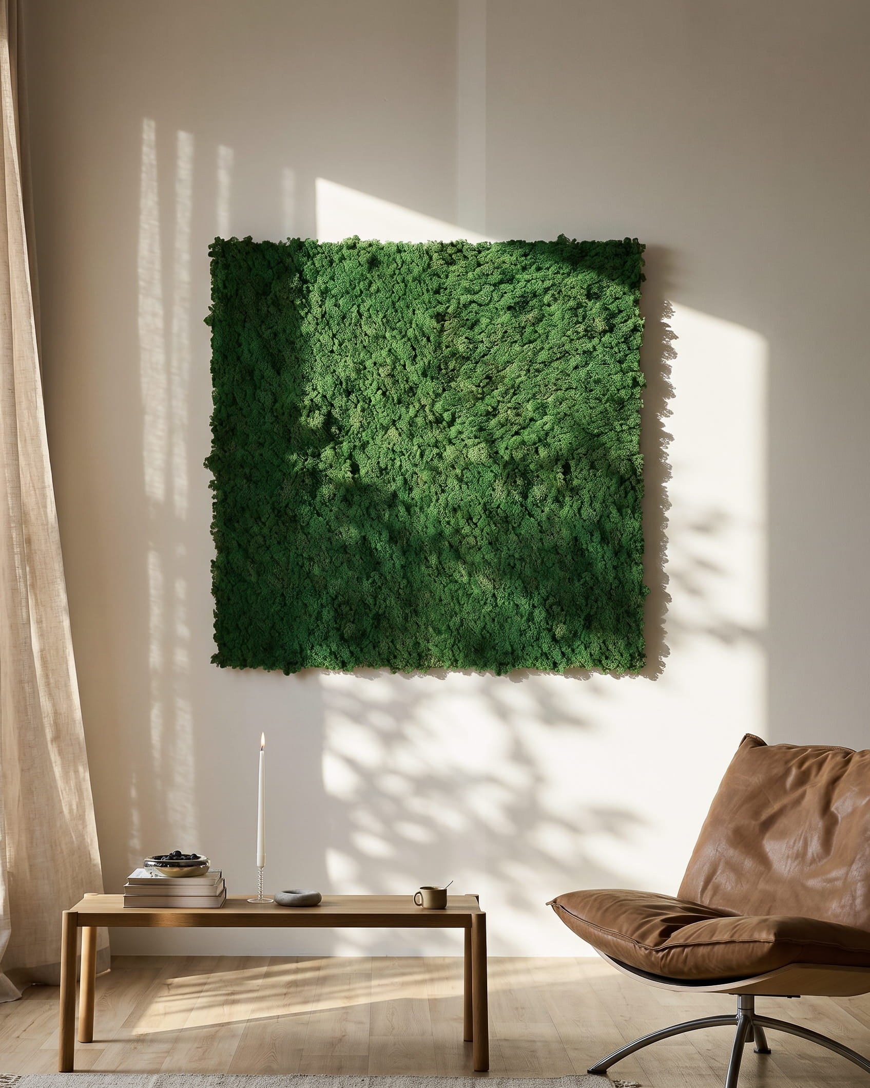 Green moss wall panel mounted on a beige wall above a wooden table and leather chair