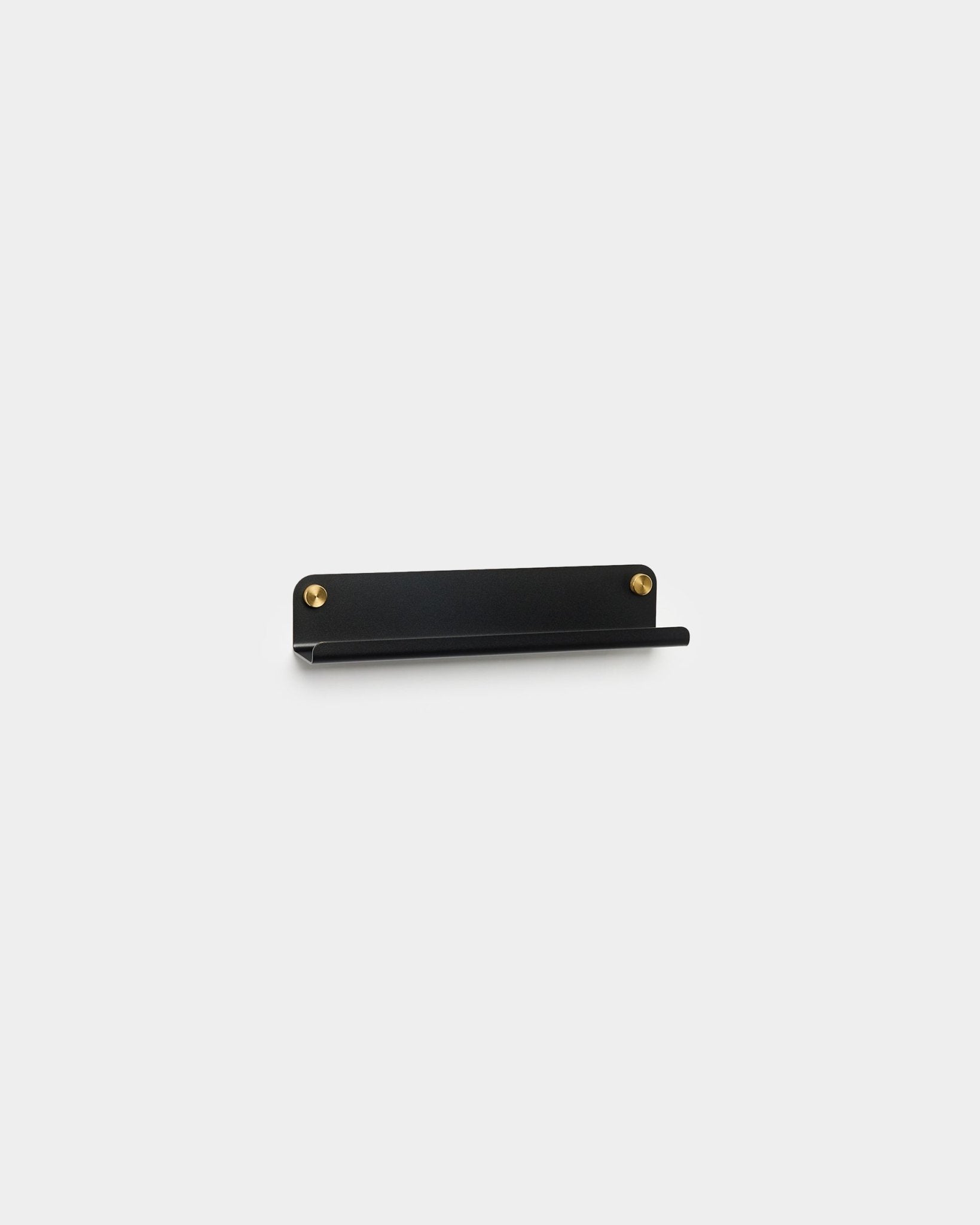 WoodUpp Norr Narrow Shelf in black, measuring 35.9 cm, with two gold mounting screws, placed on a light gray background.