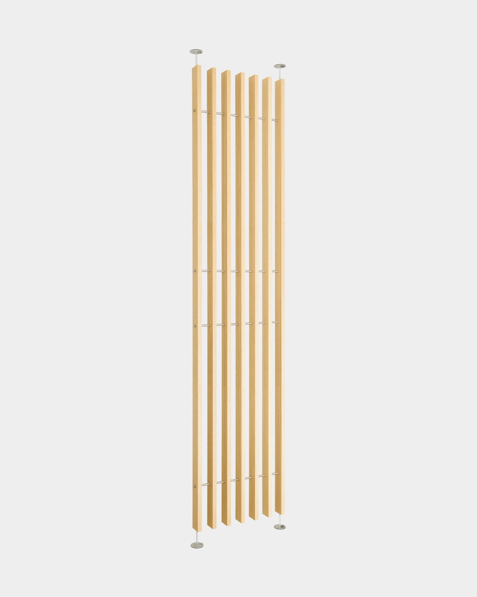 EMBRACE room divider BM1 by WoodUpp (286–302 cm) with tall oak veneer slats and slim metal rods for drill-free, easy installation; Nordic minimalist design.