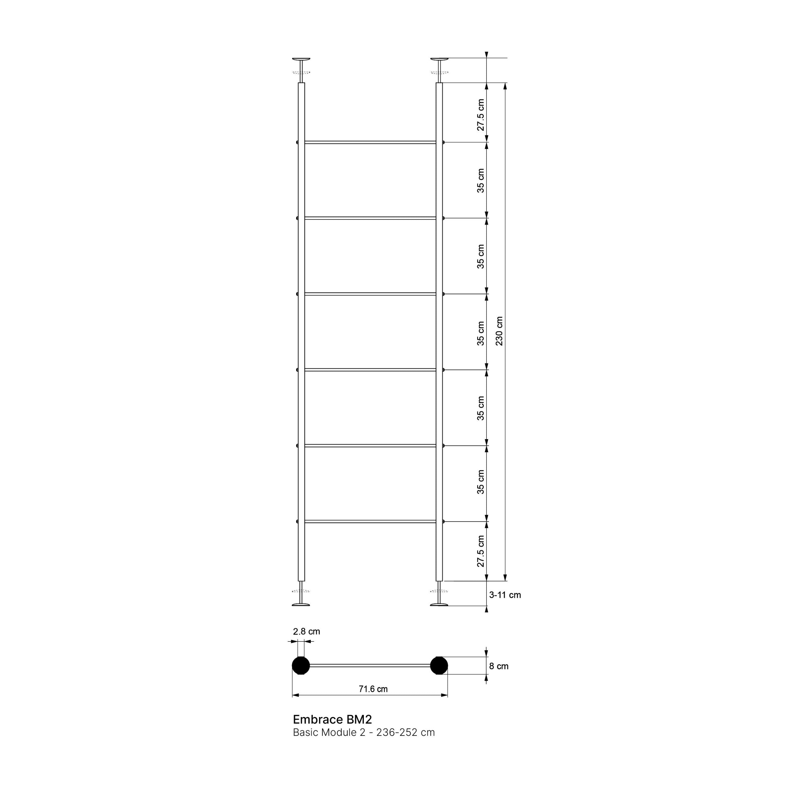 Technical drawing of Embrace BM2 Basic Module 2 - 236-252 cm overall height, shelf spacing 35 cm