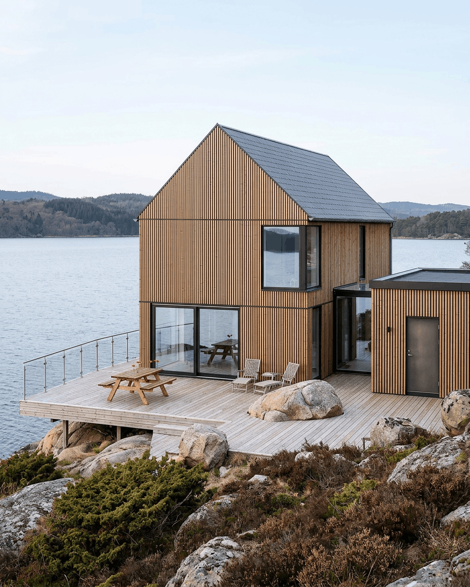 A modern house with WoodUpp Aluwood facade panels in Thermowood Brown, featuring a Nordic pine finish on a rocky lakefront deck surrounded by nature.