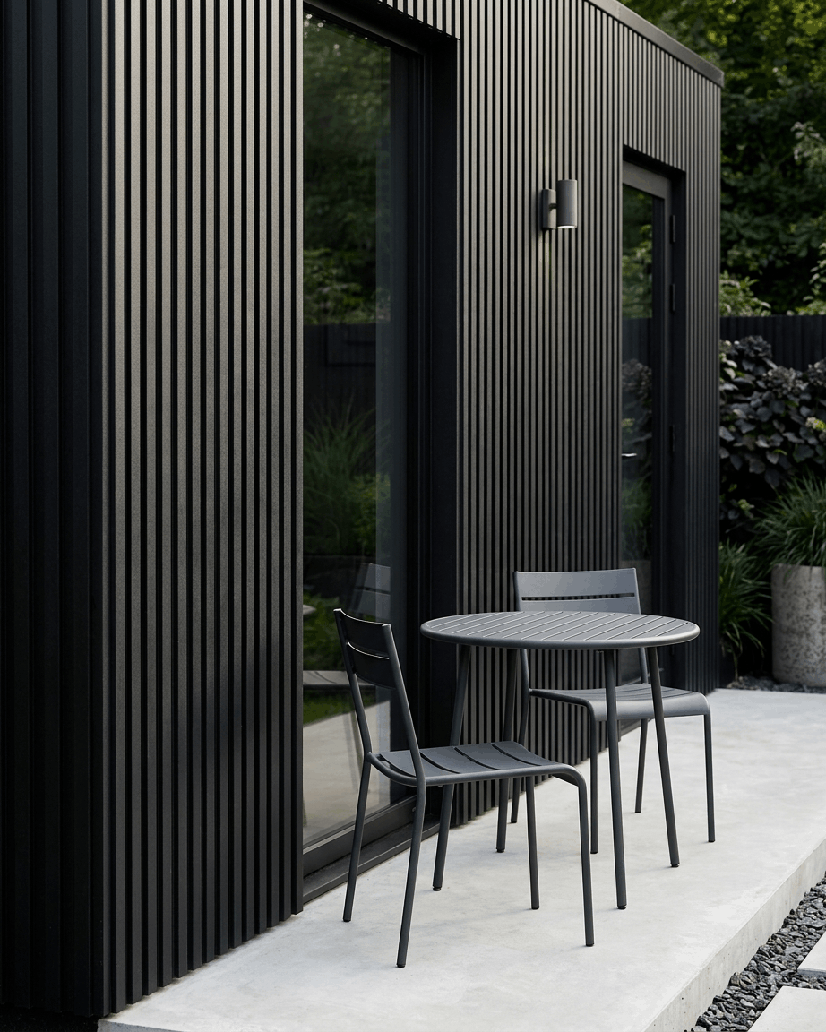 Black metal table and two chairs on a patio next to a building finished with WoodUpp Aluwood outdoor facade panel, black, size 240x45.1 cm.