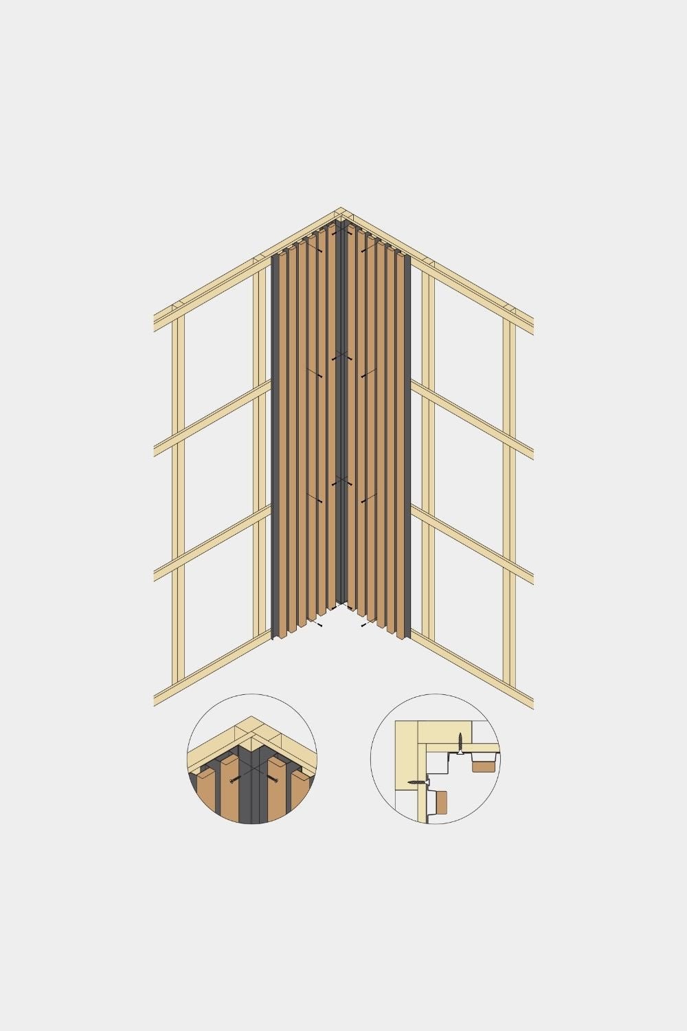 Isometric diagram of WoodUpp Aluwood facade panel inside corner, 240 cm, showing wooden slats with aluminum profile in two detailed close-up views.
