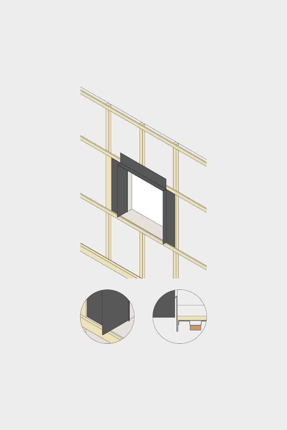 Isometric drawing of wall with window opening, featuring Aluwood facade panel trim (black powder-coated) and detail insets of WoodUpp aluminum edge profile installation.
