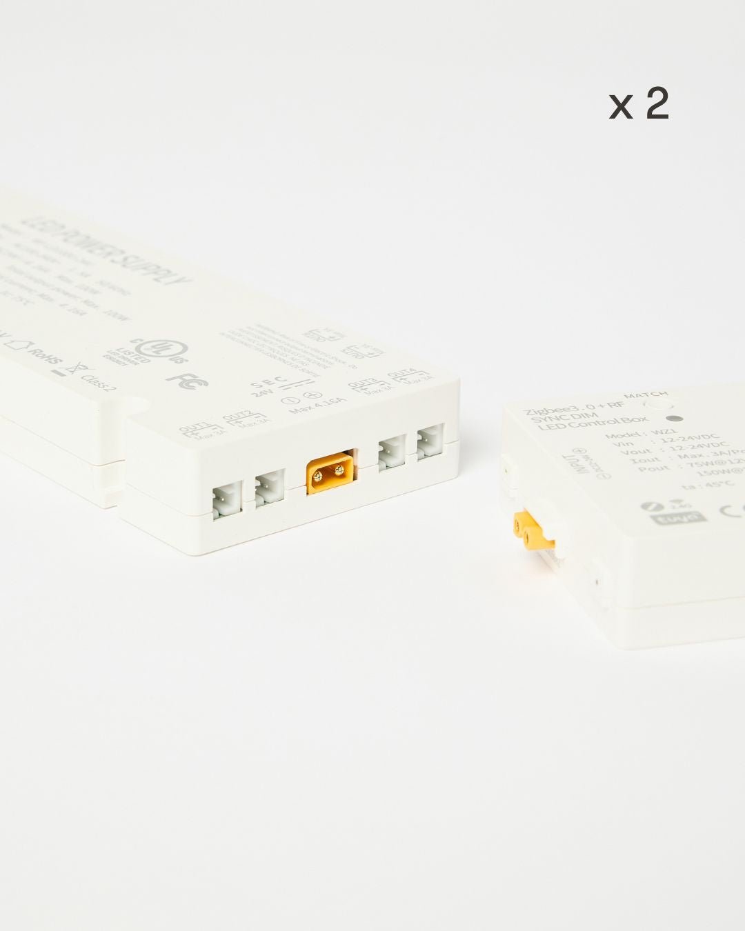 Two black rectangular Lumi LED striplights by WoodUpp, each 240 cm, set of six per pack, two packs displayed in the upper right corner.