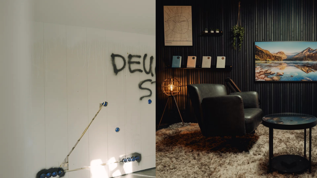 Split image: left, a white wall with exposed wiring and graffiti; right, a modern room featuring Nordic decor and an inviting armchair.