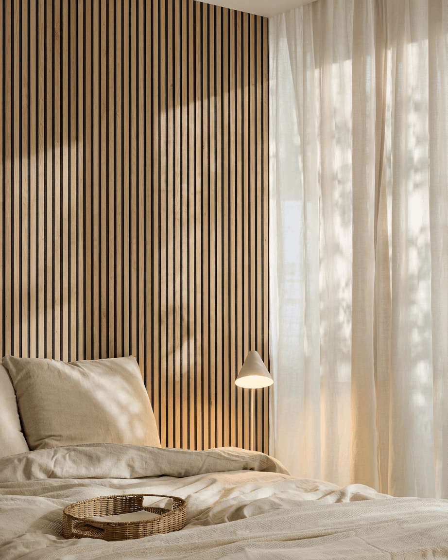 Minimalist Scandinavian bedroom with beige bedding, WoodUpp Akupanel Natural Oak acoustic slatwall panel, wicker tray on bed, and sheer light-filtering curtains.