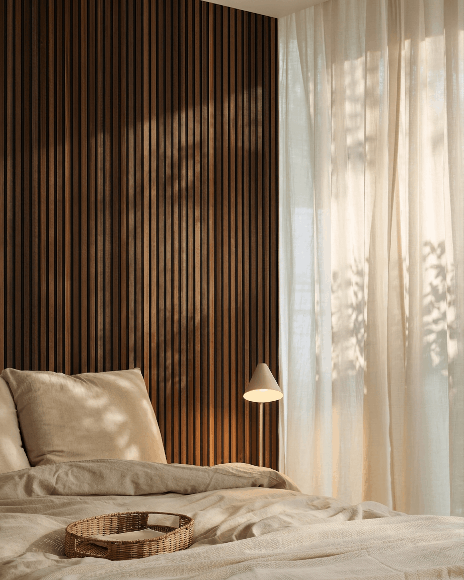 Bedroom with beige bedding, sheer curtains, and a WoodUpp Akupanel acoustic slatted wall panel in smoked larch with black felt as sunlight filters in.