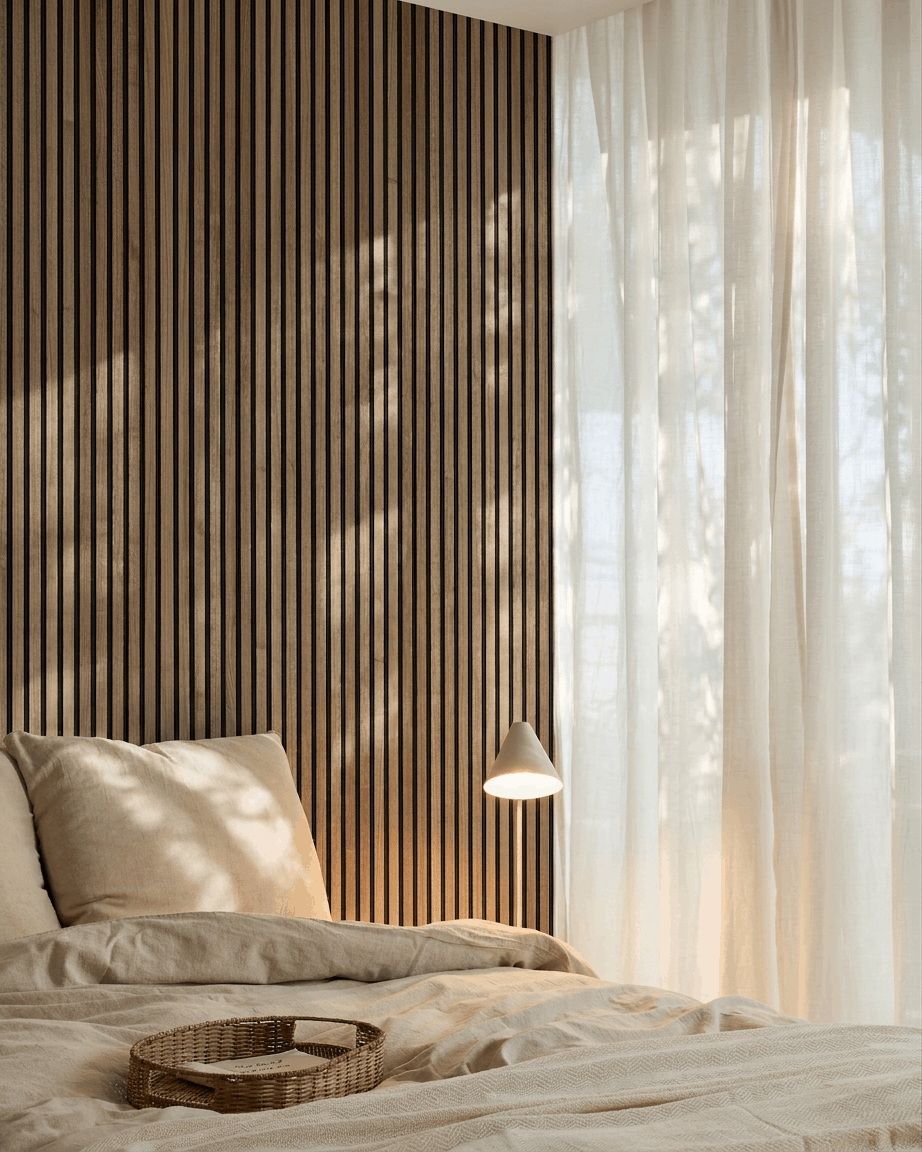Minimalist Scandinavian bedroom with a WoodUpp Akupanel walnut acoustic slatwall, beige bedding, wicker tray on the bed, and sheer curtains filtering soft light.