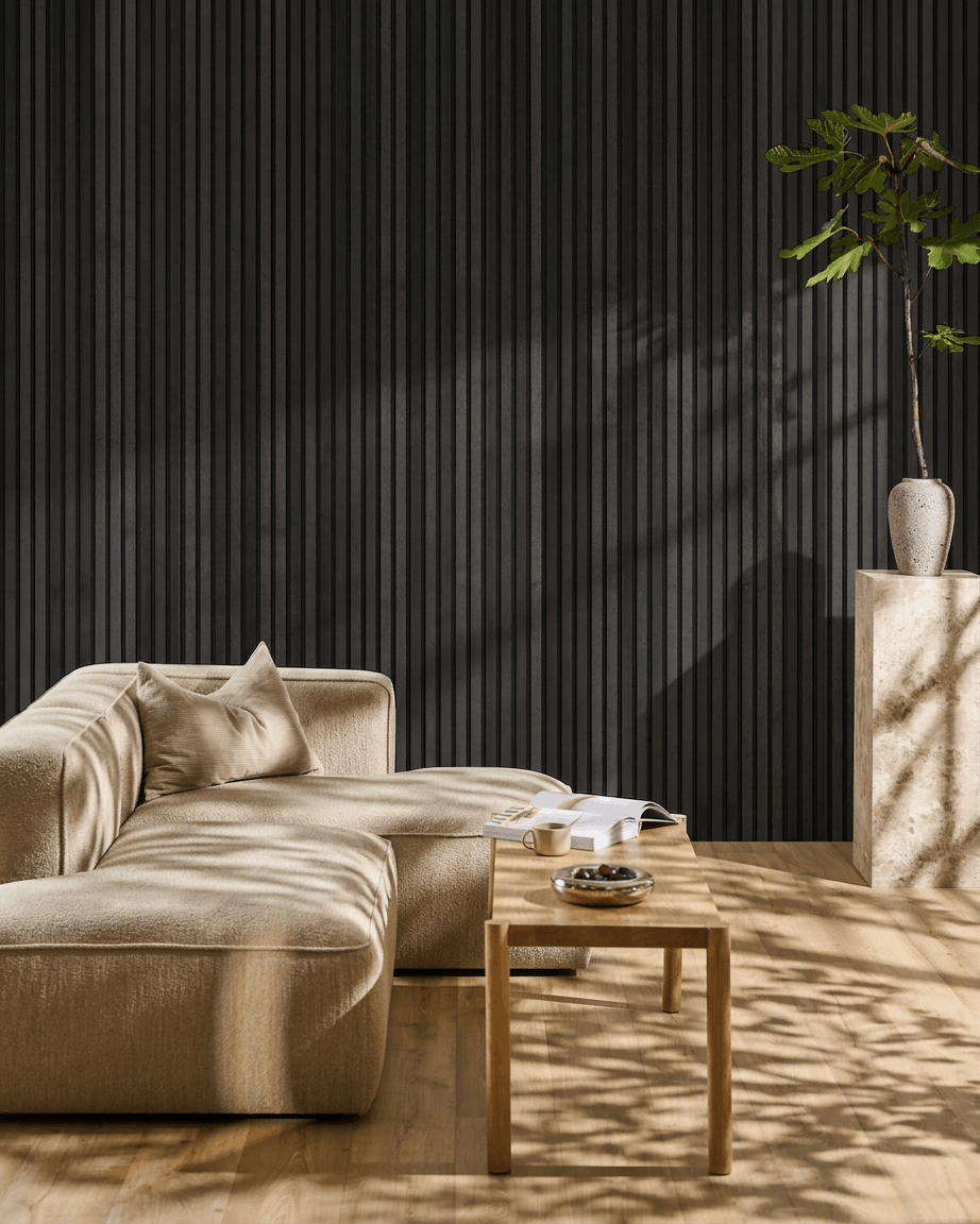Minimalist living room featuring a beige sofa, wood coffee table, and WoodUpp Akupanel acoustic panel in Black Ash as a Scandinavian-inspired accent wall.