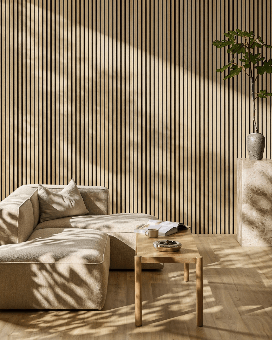 Akupanel | Acoustic Panel / Natural Wood, Classic Oak, Black Felt, 240 x 60 cm