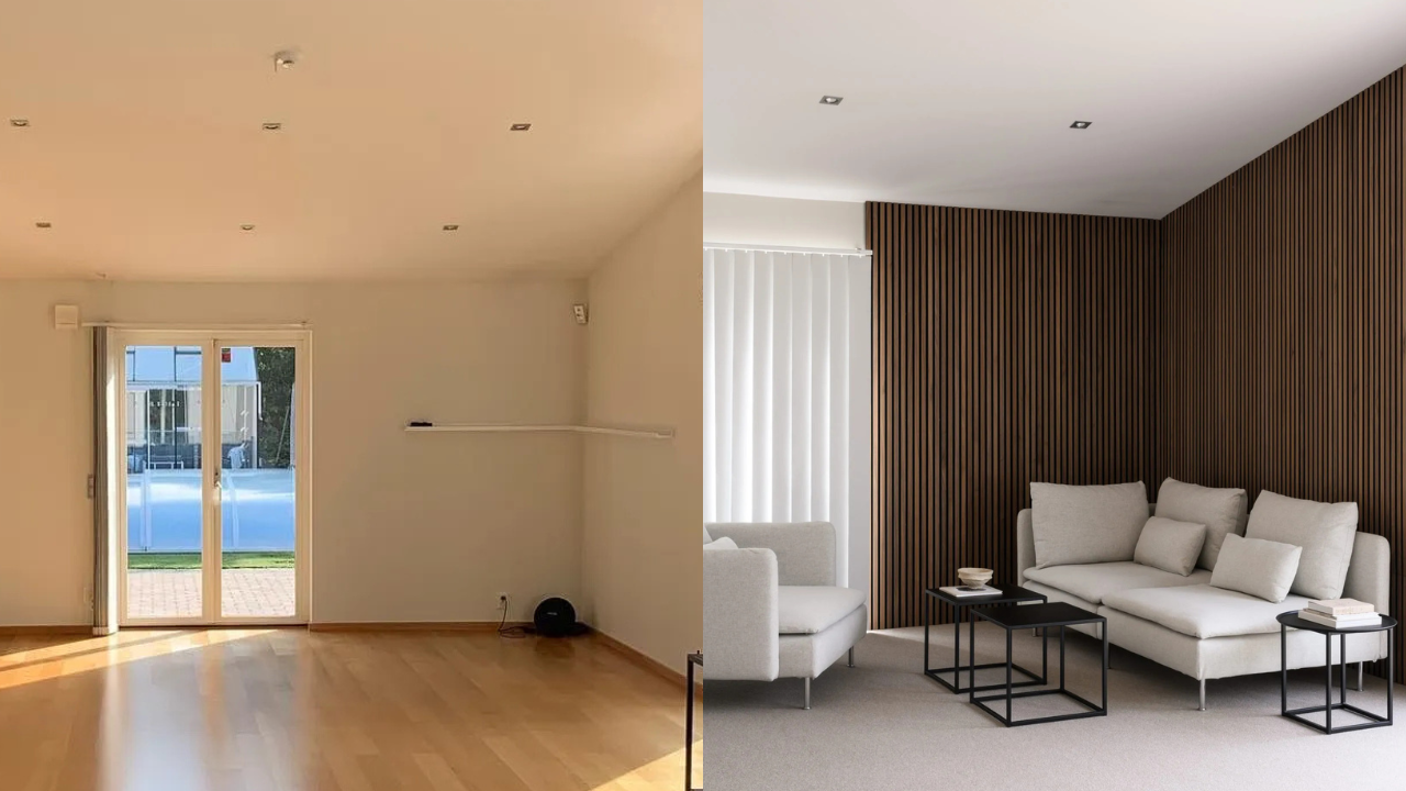 Split scene: left side shows an empty room with wooden floors and glass doors; right side features a living room with sofas and Akupanel acoustic slatwall.