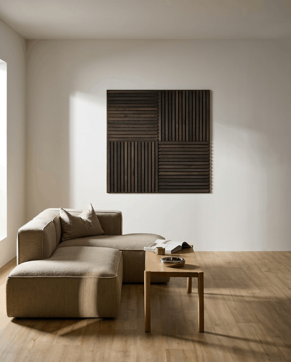 Akupixel | Acoustic Panel / Natural Wood, Rustic Smoked Oak, Bronzed Brown Felt, 60 x 60 cm
